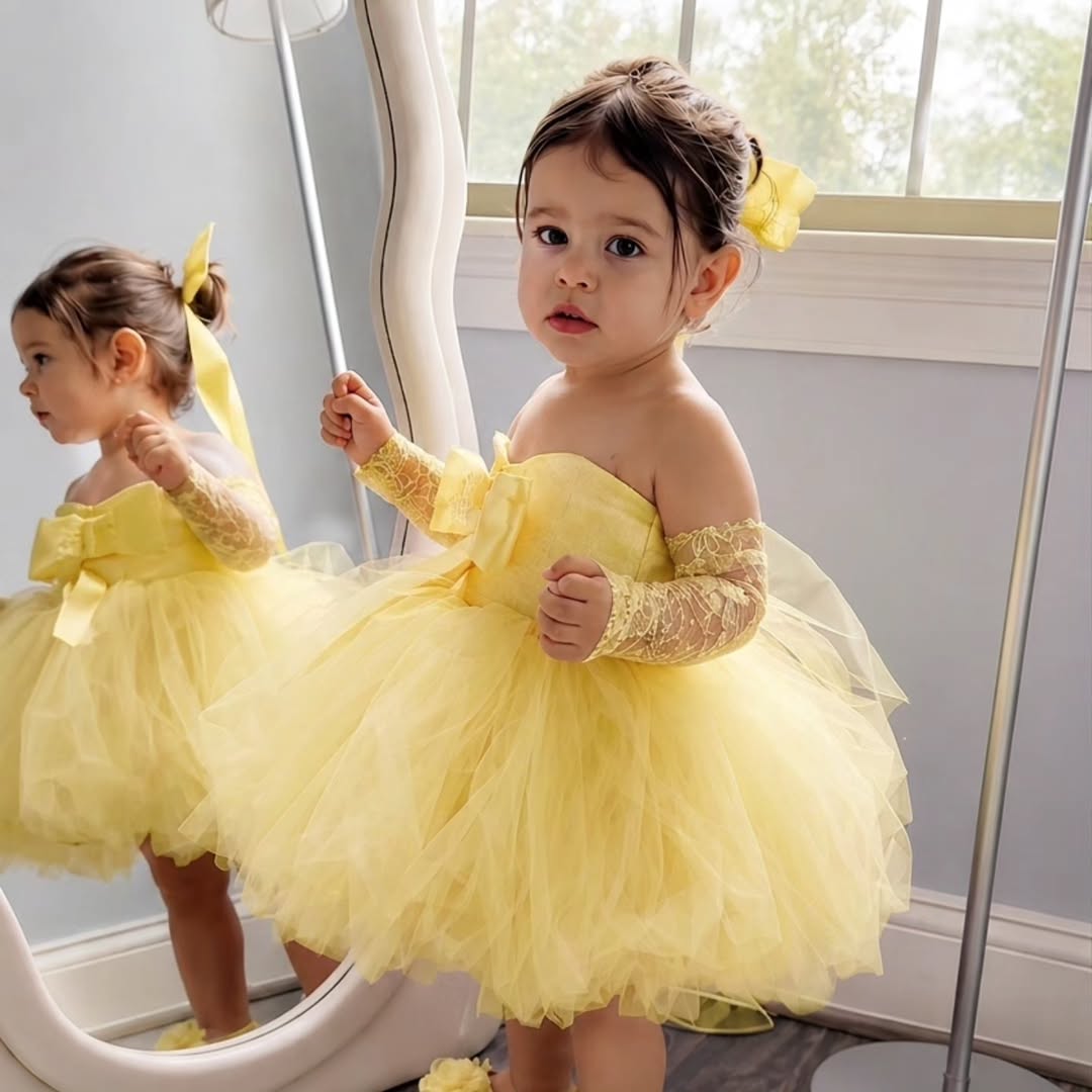 Embroidery Yellow Flower - Sukienka dla dziewczynki na wesele, z