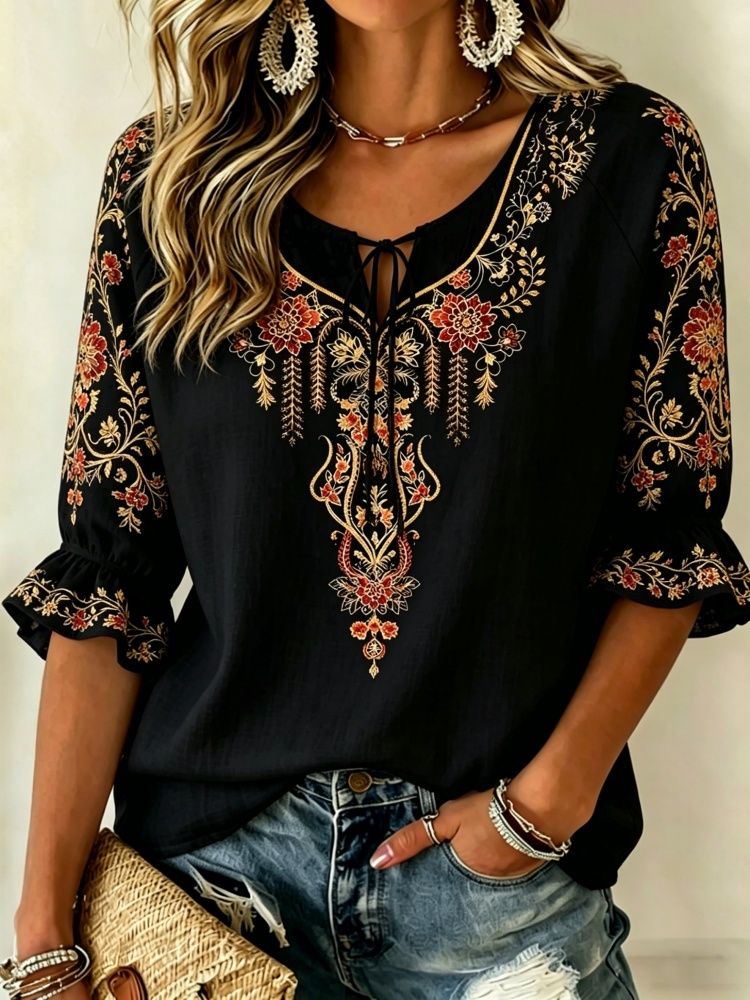 Embroidery Blouse - Minimalistyczna bluzka damska w jednolitym kolorze