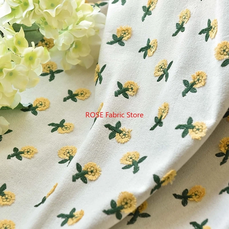 Embroidery Yellow Flower - Tkanina lniano-bawełniana z haftem 3D w