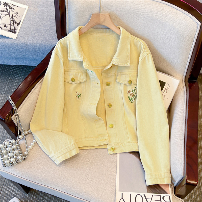 Embroidery Yellow Flower - Koreańska kurtka jeansowa damska w stylu
