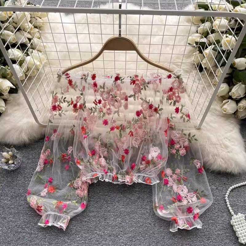 Embroidery Blouse - Jednoramienna, tiulowa, haftowana, prześwitująca damska letnia