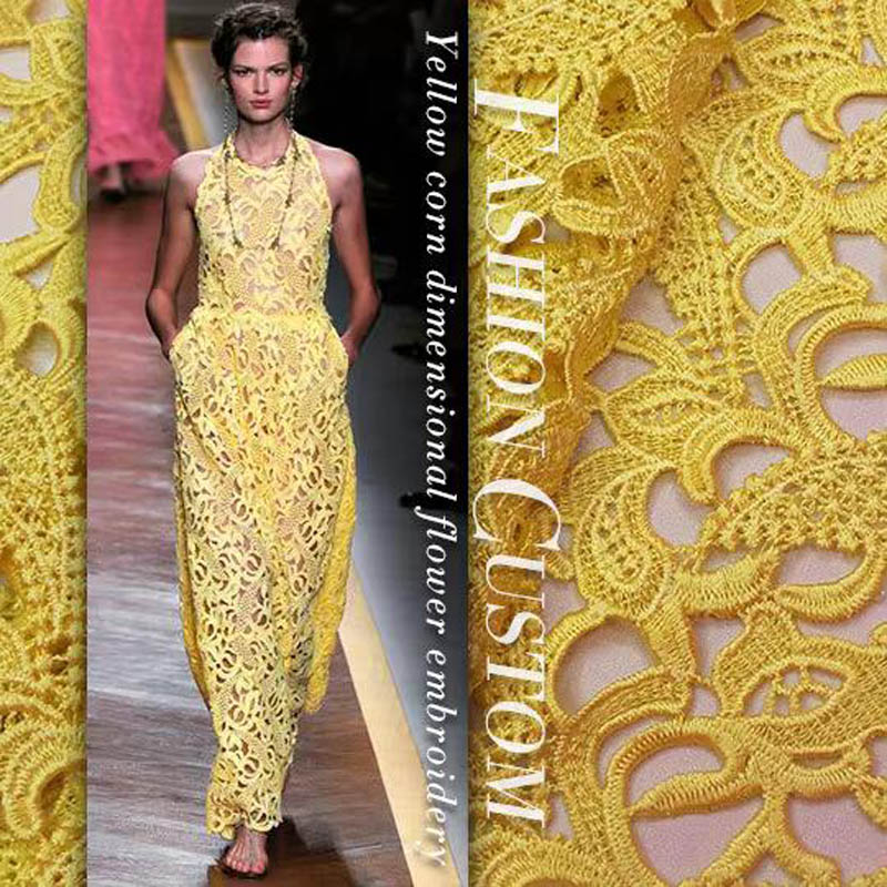 Embroidery Yellow Flower - Wysokiej jakości koronka, żółta, z efektem