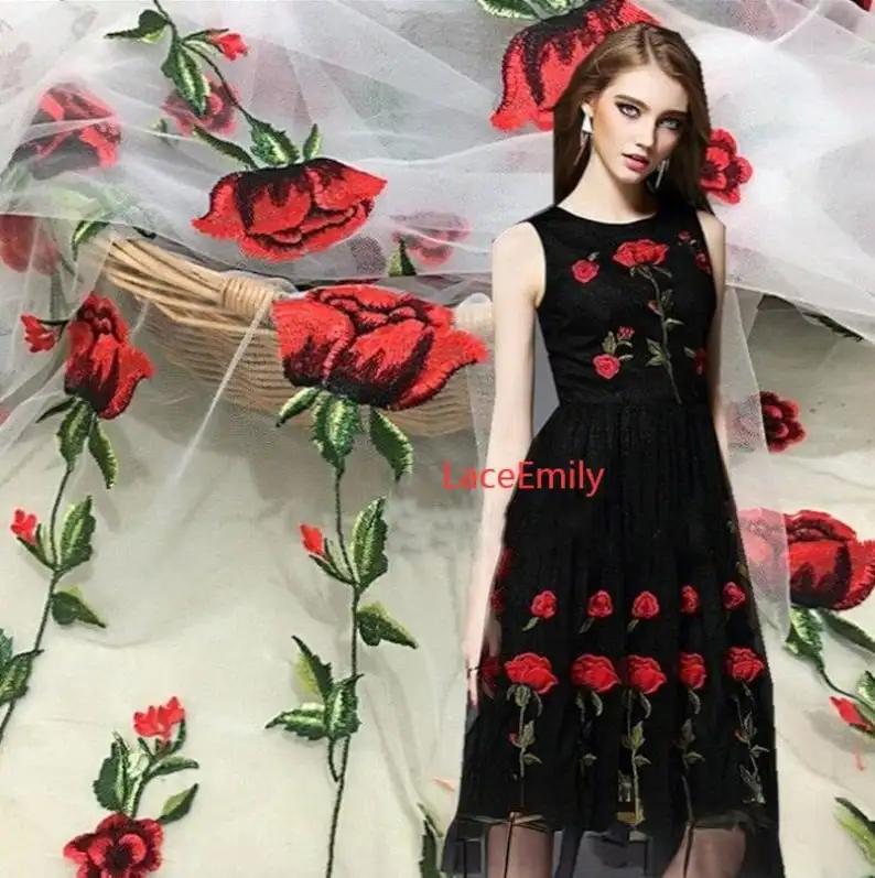 Embroidery Roses - Czerwona Róża Koronka Kwiatowy Haft Miękki
