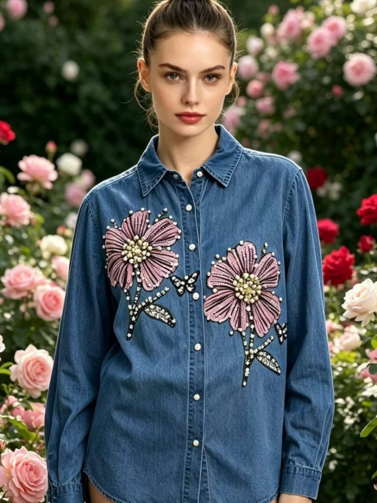 Embroidery Blouse - Damskie dżinsowe bluzki z haftem, wiosenno-jesienne