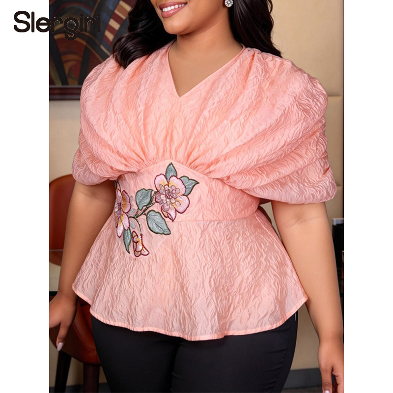 Embroidery Blouse - Slergiri Plus Size Bluzka z kwiatowym