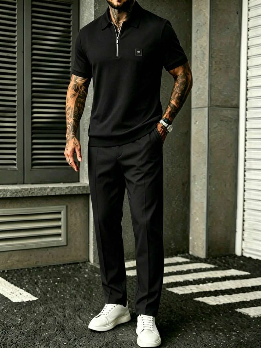 Embroidery Men Shirt - Męski czarny komplet: koszula z krótkim